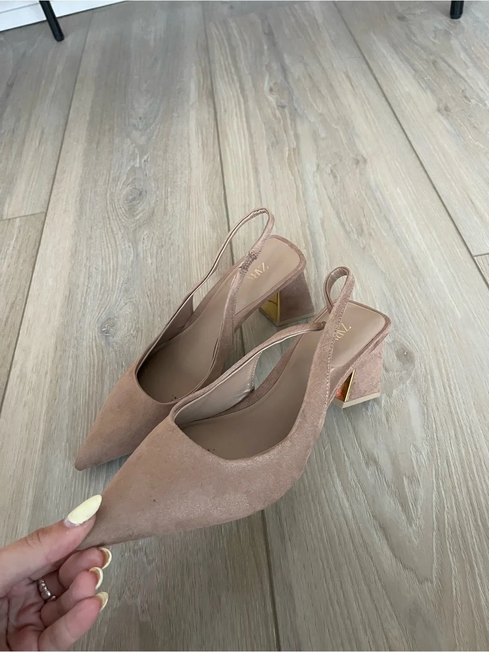 Zara Suede Slingback Block Heel Pumps - gold heel
